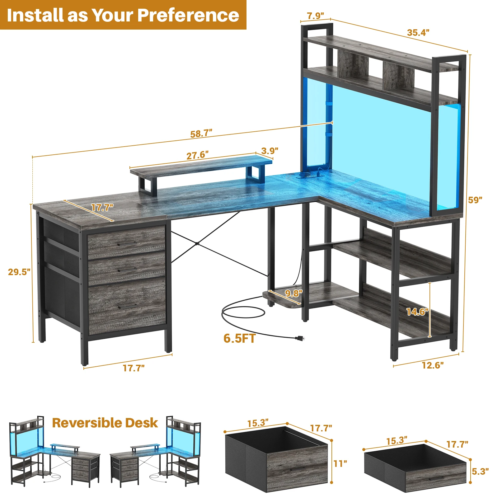 Aheaplus L-Shaped LED Gaming Desk - Image 1